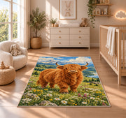Highland Cow Mountain Meadow Rug in a nursery beside a crib and dresser