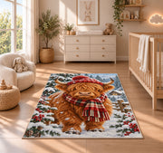 Highland Cow Winter Rug in a nursery beside a crib and dresser