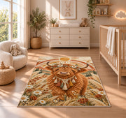 Boho Highland Cow Rug in a nursery beside a crib and dresser