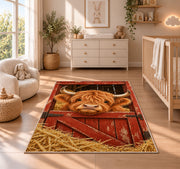 Highland Cow Barn Door Rug in a nursery beside a crib and dresser