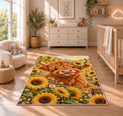 Highland Cow Sunflower Rug in a nursery beside a crib and dresser