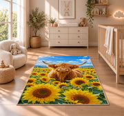 Highland Cow Sunflower Field Rug in a nursery beside a crib and dresser