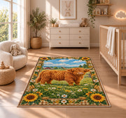 Highland Cow Farm Scene Rug in a nursery beside a crib and dresser