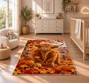 Highland Cow Autumn Rug in a nursery beside a crib and dresser