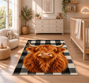 Highland Cow Buffalo Check Rug in a nursery beside a crib and dresser