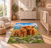 Highland Cow Mom and Calf Rug in a nursery beside a crib and dresser