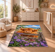 Highland Cow Fence Rug in a nursery beside a crib and dresser