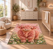 Pink Highland Cow Rug in a nursery beside a crib and dresser
