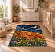 Sleeping Highland Cow Rug in a nursery beside a crib and dresser