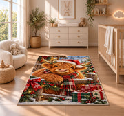 Christmas Highland Cow Rug in a nursery beside a crib and dresser