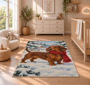 Dachshund Winter Rug in a nursery beside a crib and dresser