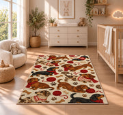 Dachshund Pattern Rug in a nursery beside a crib and dresser