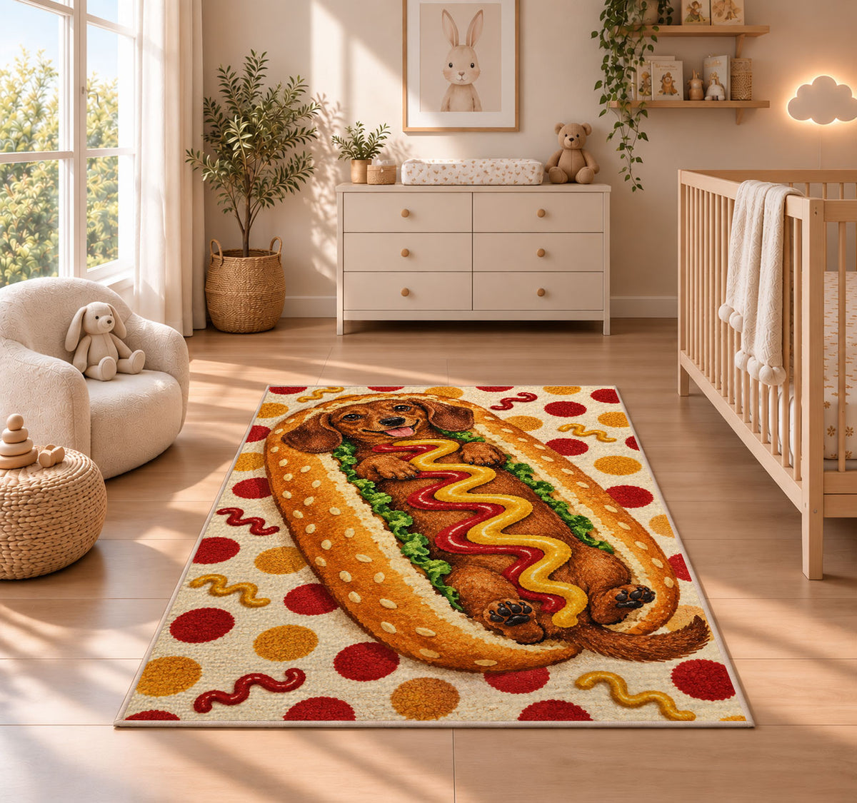 Hot Dog Dachshund Rug in a nursery beside a crib and dresser