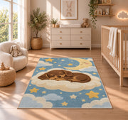 Sleeping Dachshund Puppy Rug in a nursery beside a crib and dresser
