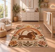 Boho Dachshund Rainbow Rug in a nursery beside a crib and dresser