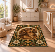 Vintage Dachshund Portrait Rug in a nursery beside a crib and dresser
