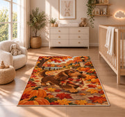 Autumn Dachshund Rug in a nursery beside a crib and dresser