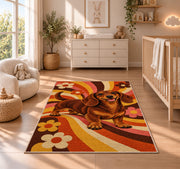 Retro Dachshund Rug in a nursery beside a crib and dresser