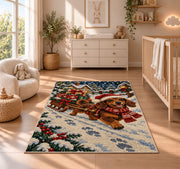Santa Dachshund Rug in a nursery beside a crib and dresser