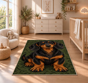 Black and Tan Dachshund Rug in a nursery beside a crib and dresser