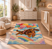 Dachshund Balloons Rug in a nursery beside a crib and dresser