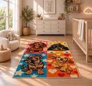Pop Art Dachshund Rug in a nursery beside a crib and dresser