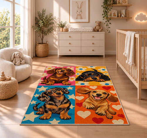 Pop Art Dachshund Rug in a nursery beside a crib and dresser