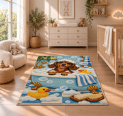 Bath Time Dachshund Rug in a nursery beside a crib and dresser