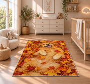 Golden Retriever in Autumn Leaves rug in a nursery beside a crib and dresser