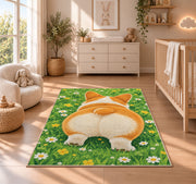 Corgi Butt Welcome rug in a nursery beside a crib and dresser