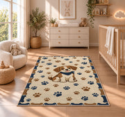 Puppy with Paw Prints and Bones rug in a nursery beside a crib and dresser