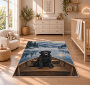 Black Lab in Rowboat rug in a nursery beside a crib and dresser