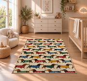 Dachshund Parade in Sweaters rug in a nursery beside a crib and dresser