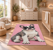 French Bulldog in Sunglasses rug in a nursery beside a crib and dresser