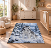 Blue-Eyed Husky in Snowy Forest rug in a nursery beside a crib and dresser