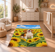 Beagle in Sunflower Field rug in a nursery beside a crib and dresser