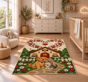 Dog and Cat Cottage Paw Heart rug in a nursery beside a crib and dresser
