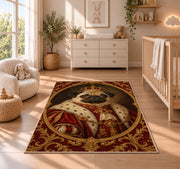 Royal Pug Portrait rug in a nursery beside a crib and dresser