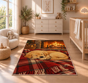 Lab Puppy by the Fireplace rug in a nursery beside a crib and dresser