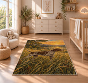 Pointer in Tall Grass at Sunrise rug in a nursery beside a crib and dresser