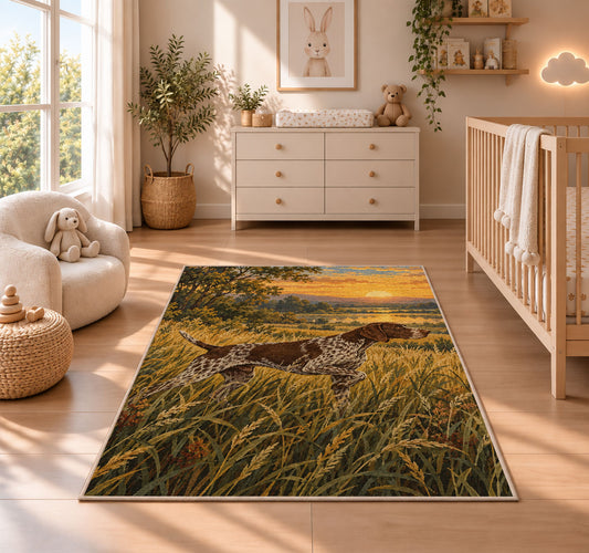 Pointer in Tall Grass at Sunrise rug in a nursery beside a crib and dresser