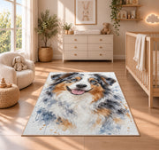 Watercolor Australian Shepherd rug in a nursery beside a crib and dresser