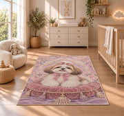 Shih Tzu on Velvet Pillow rug in a nursery beside a crib and dresser