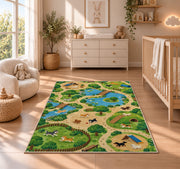 Dog Park Map rug in a nursery beside a crib and dresser