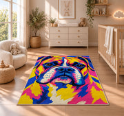 Pop Art Boxer Dog rug in a nursery beside a crib and dresser