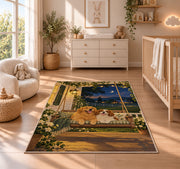 Two Dogs on Porch Swing rug in a nursery beside a crib and dresser