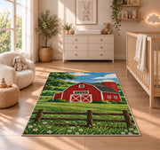 Classic Red Barn rug in a nursery beside a crib and dresser
