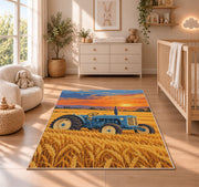 Vintage Tractor in Wheat Field rug in a nursery beside a crib and dresser