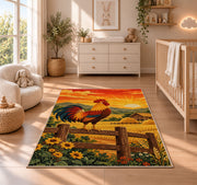 Rooster at Sunrise rug in a nursery beside a crib and dresser