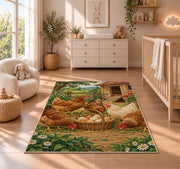 Hens and Fresh Eggs rug in a nursery beside a crib and dresser